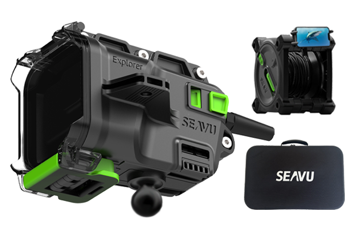 Seavu Explorer Adventure Kit showing underwater camera housing, cable reel, phone displaying live underwater footage, and accessory case with fishing attachments for drifting and trolling.