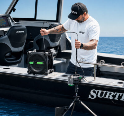 Seavu Explorer Adventure Kit mounted on the Explorer Seafloor Stand for stable underwater live viewing