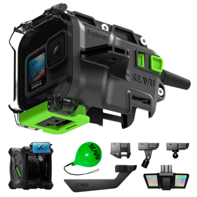 Seavu Explorer Adventure Kit with underwater housing, cable reel, and accessories for fishing and research