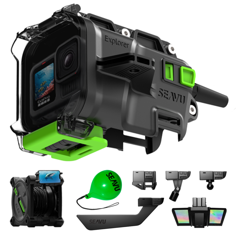 Seavu Explorer Adventure Kit with underwater housing, cable reel, and accessories for fishing and research