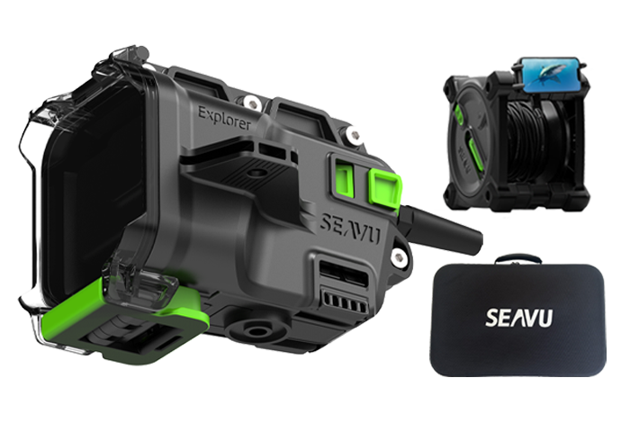 Seavu Explorer Adventure Kit with underwater housing, cable reel, and accessories for fishing and research