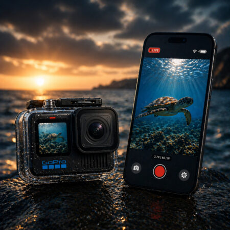 GoPro underwater settings example with camera in waterproof case and live preview on phone