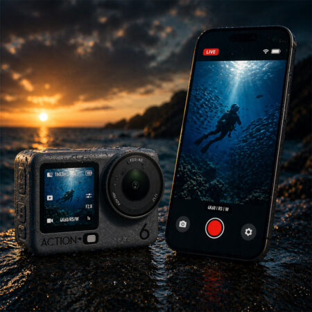 DJI Osmo Action 6 showing best underwater settings with live preview on smartphone