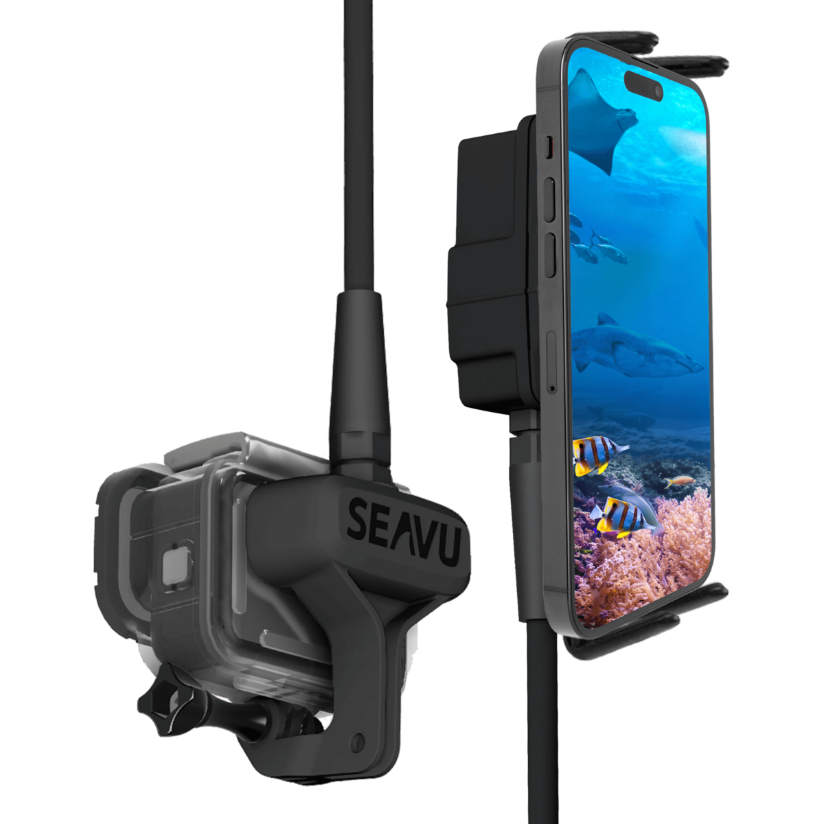 Seavu Seeker connected to action camera and phone for live underwater inspection footage