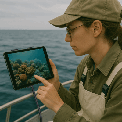 Researcher using Seavu Seeker and tablet to view live underwater footage