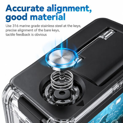 Close up of 316 marine grade stainless steel button mechanism on a DJI Action waterproof case.