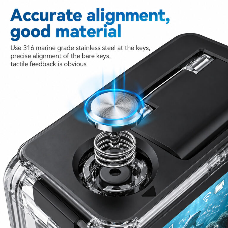 Close up of 316 marine grade stainless steel button mechanism on a DJI Action waterproof case.