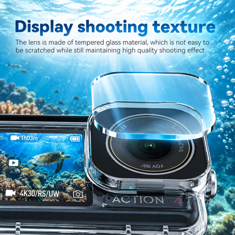 Tempered glass lens cover on a clear DJI Action waterproof case designed for scratch resistance and clear underwater footage.