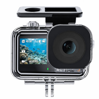 DJI Osmo Action 3/4/5 in a clear waterproof case with the top latch open and an underwater reef scene with camera overlays on the screen.