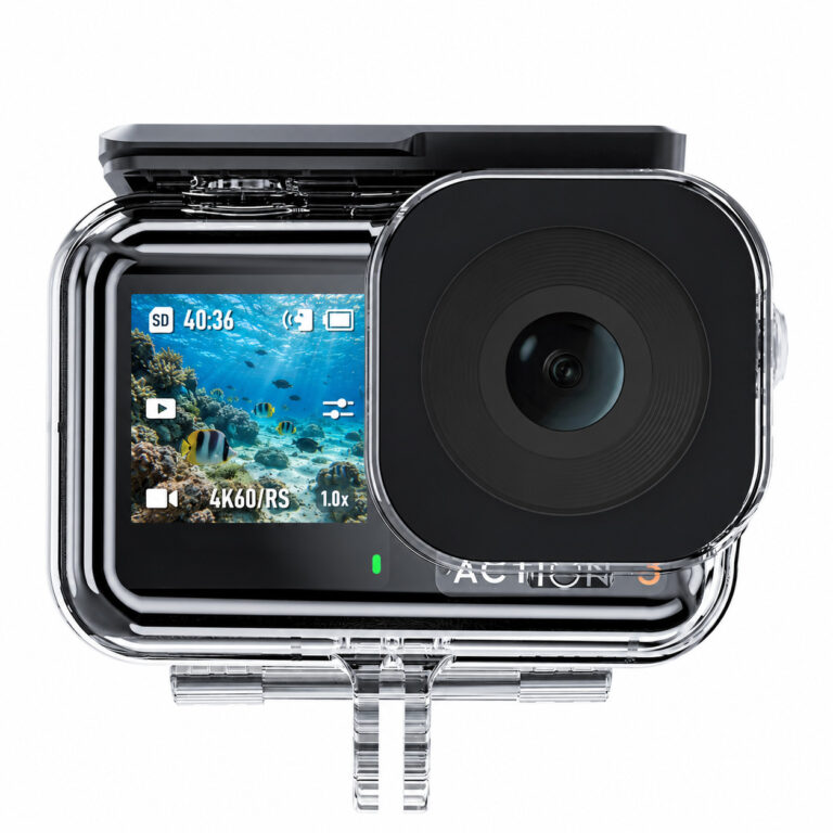 DJI Osmo Action 3/4/5 in a clear waterproof case with an underwater reef scene and camera overlays on the front screen.