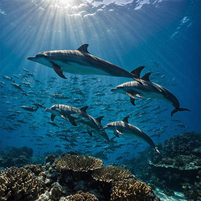 නිවර්තන කොරල් පරයක් මත දිය යට පිහිනන ඩොල්ෆින් මසුන්