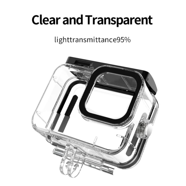 Clear polycarbonate waterproof case for GoPro HERO 9, 10, 11, 12 and 13 with high light transmission.