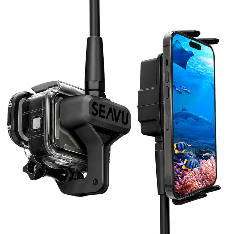 Seeker kit with action camera and mobile phoneSeavu Seeker Marine Kit with action camera and phone showing live underwater footage of marine life