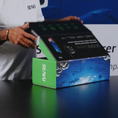 Seavu Seeker Marine Kit postcard square image showing underwater camera, cable, and live feed on phone