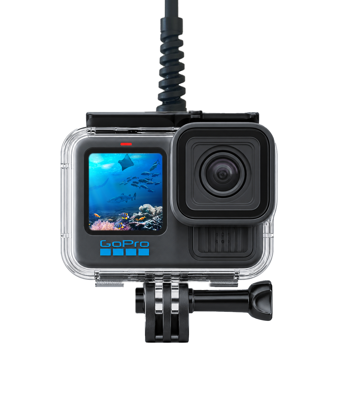 Front view of the Seeker Marine Kit with GoPro in a waterproof housing showing live underwater footage on the front display for real time underwater viewing.