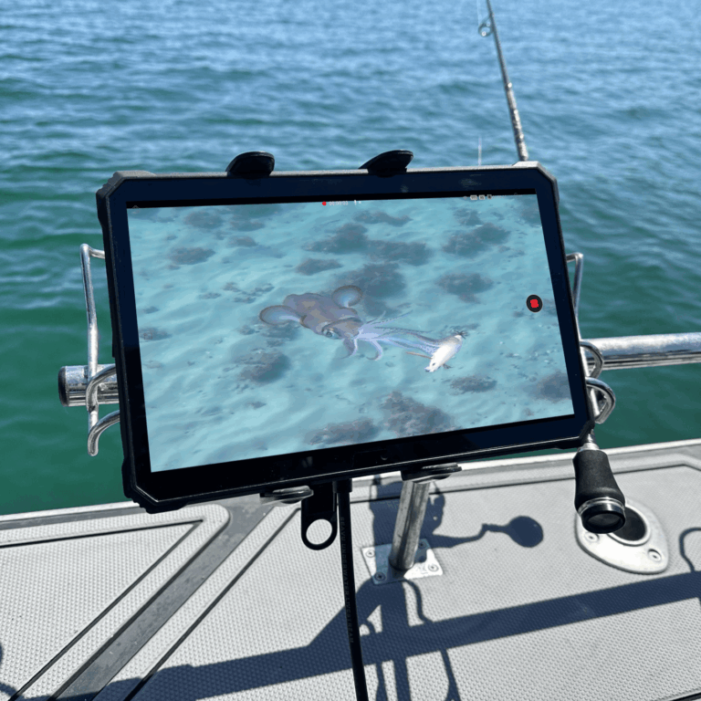 Tablet showing live underwater squid footage using Seavu Seeker Starter Kit with fishing rod in background
