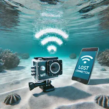 Underwater scene showing an action camera struggling to transmit Wi-Fi and Bluetooth signals as they fade underwater. A phone above the surface displays a lost connection symbol, illustrating the challenge of maintaining a Wi-Fi and Bluetooth connection underwater.