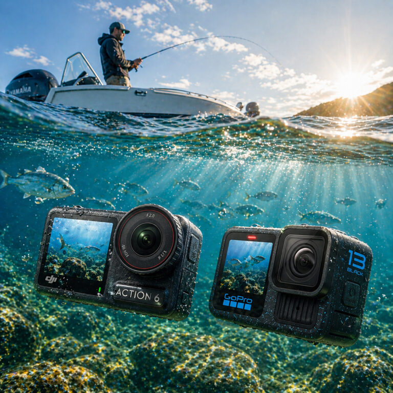 DJI Osmo Action 6 and GoPro HERO13 action cameras underwater with fish and boat above surface
