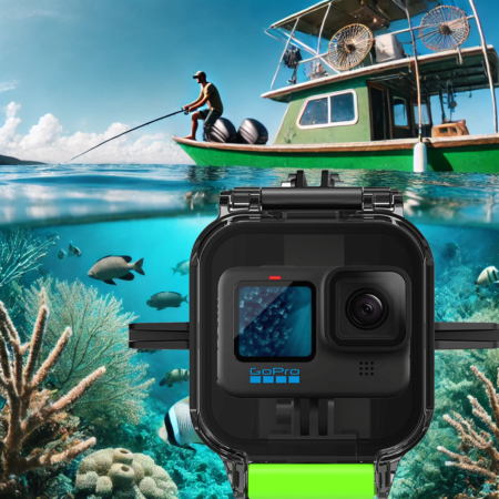 An action camera in a Seavu Explorer housing submerged underwater capturing vibrant marine life, with a fishing boat visible above the surface. The camera, designed for underwater fishing, floats in clear blue water, surrounded by fish and corals, showcasing its capability for underwater footage in fishing environments