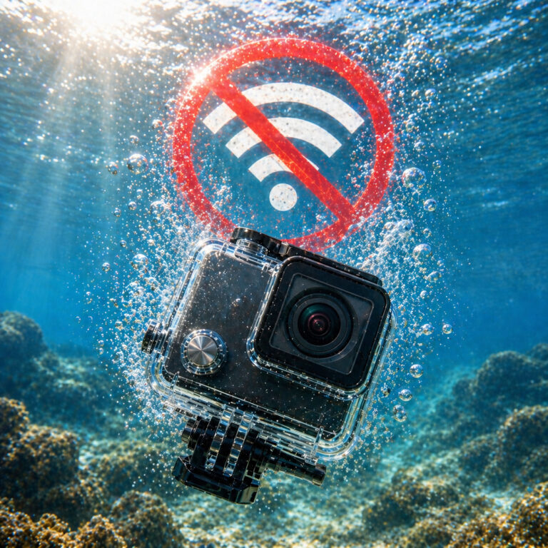 action camera underwater with WiFi symbol crossed out showing wireless signal does not work underwater