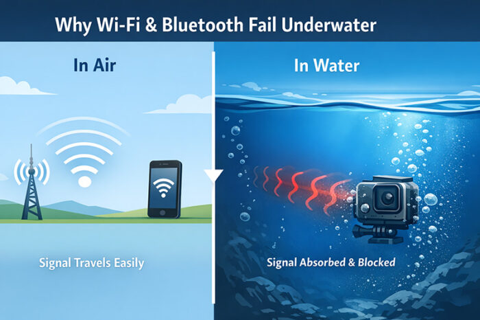 Action camera underwater showing Wi-Fi and Bluetooth signals being absorbed by water