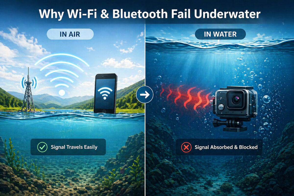 comparison of WiFi signal in air and underwater showing signal loss for action cameras