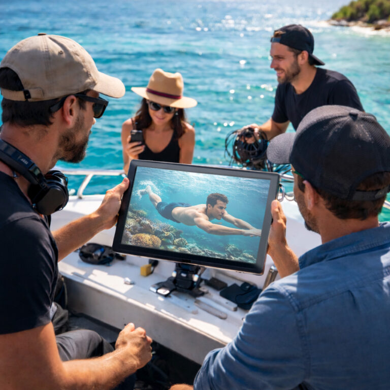 film crew on boat viewing underwater footage on screen using live underwater camera
