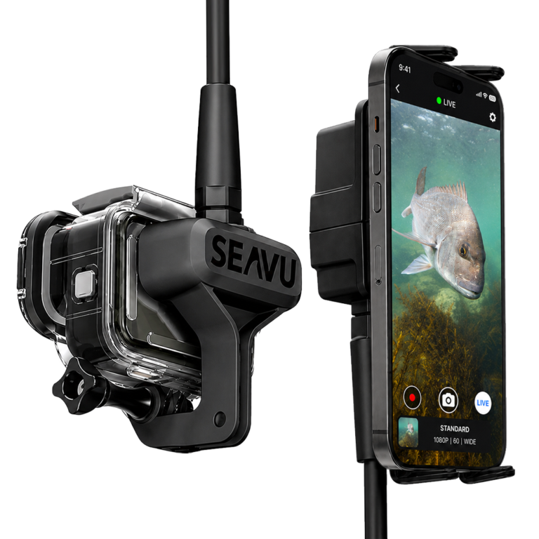Seavu Seeker Marine Kit streaming a live underwater fishing view of a snapper to a phone