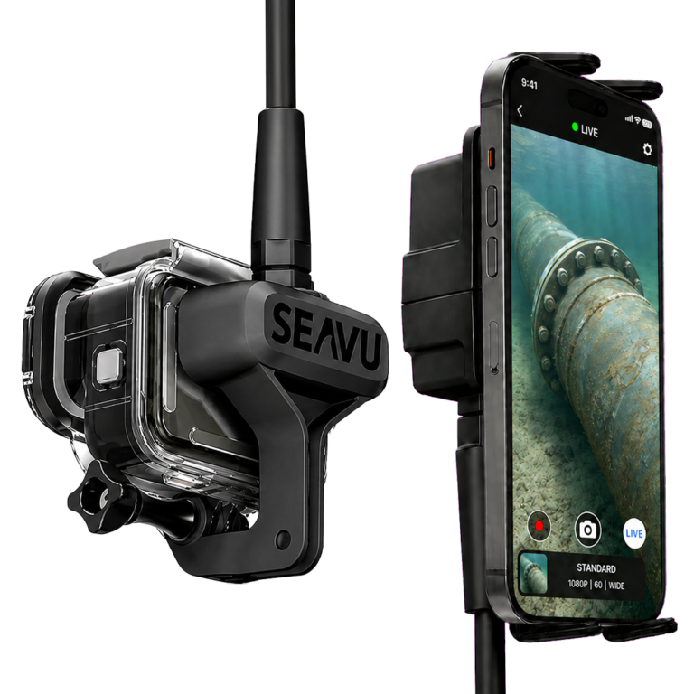 Seavu Seeker Marine Kit streaming a live underwater inspection of a submerged pipeline to a phone