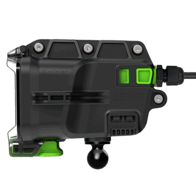 Seavu Explorer+ underwater camera housing with fibre optic USB-C cable for DisplayPort video output and continuous power