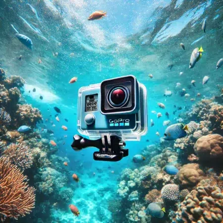 GoPro camera underwater, capturing vibrant coral reefs and marine life, showcasing the power of an underwater camera with Seavu for real-time live streaming.