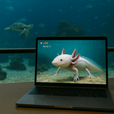 Laptop showing live underwater footage of an axolotl, captured using the Seavu Explorer+ Pro Kit, with a large aquarium in the background