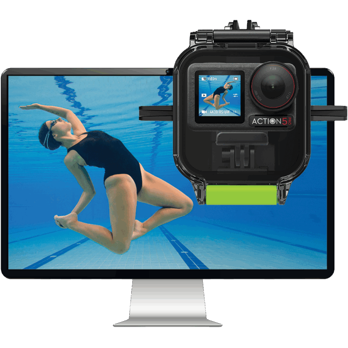 DJI Action 5 Pro camera inside the Seavu Explorer+ Pro Kit housing with a monitor showing live underwater footage