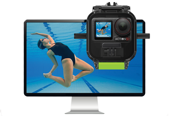 DJI Action 5 Pro inside the Seavu Explorer+ Pro Kit housing with live underwater footage displayed on a monitor – professional camera system for research and exploration