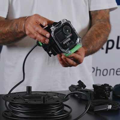 Seavu Explorer+ Pro Kit postcard square image showing underwater housing, DisplayPort HDMI adapter, and connected monitor