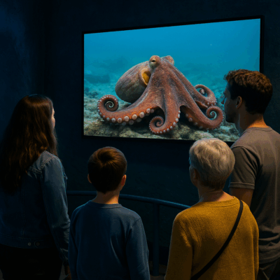 Visitors at an aquarium watch a live underwater video feed of an octopus on a screen, captured using the Seavu Explorer+ Pro Kit.