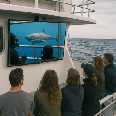 Group of people on a shark dive tour boat watching a TV screen showing live underwater footage of divers in a cage and a great white shark, captured using the Seavu Explorer+ Pro Kit