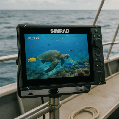 SIMRAD marine monitor on a research boat displaying live underwater footage of a sea turtle and colourful fish, captured using the Seavu Explorer+ Pro Kit