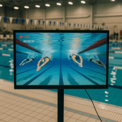 TV screen beside an Olympic swimming pool showing live underwater footage of swimmers racing, captured using the Seavu Explorer+ Pro Kit