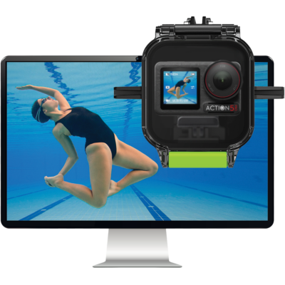 DJI Action 5 Pro camera inside the Seavu Explorer+ Pro Kit housing with a monitor showing live underwater footage