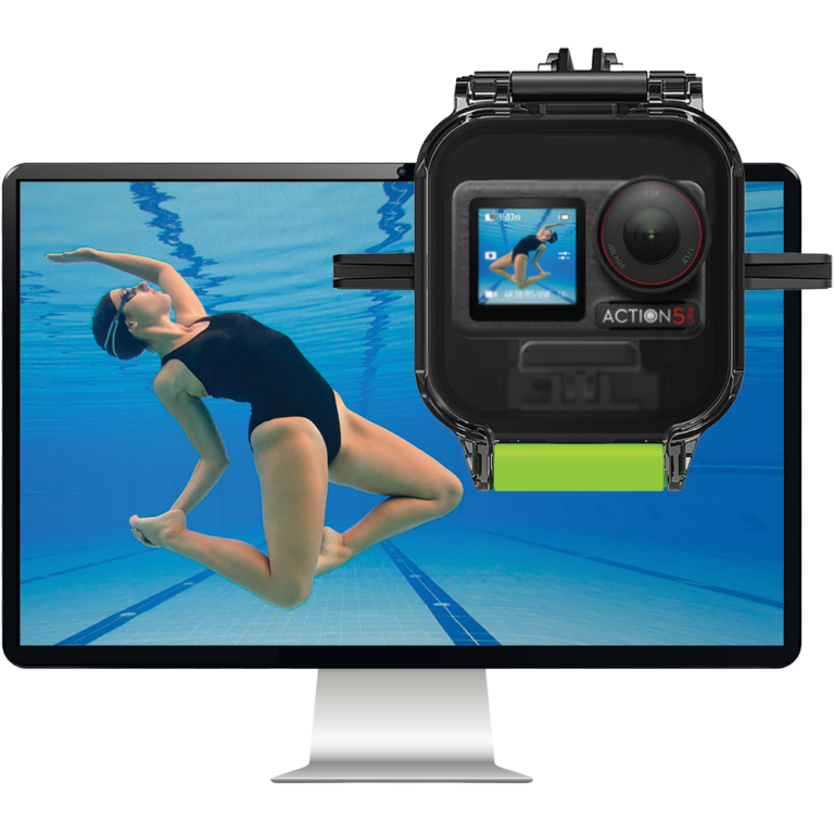DJI Action 5 Pro camera inside the Seavu Explorer+ Pro Kit housing with a monitor showing live underwater footage