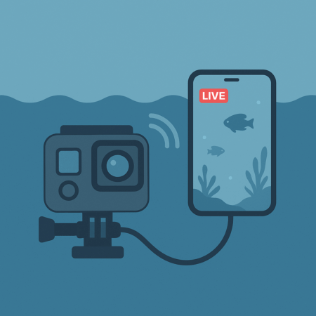 Underwater action camera streaming live footage to a smartphone with a "LIVE" label showing fish and plants.