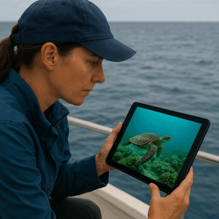 Marine researcher on a boat observing live underwater footage of a sea turtle on a tablet.