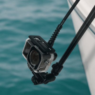 Seavu carbon fibre extension pole with DJI Action 5 Pro in waterproof case mounted and ready for underwater live streaming