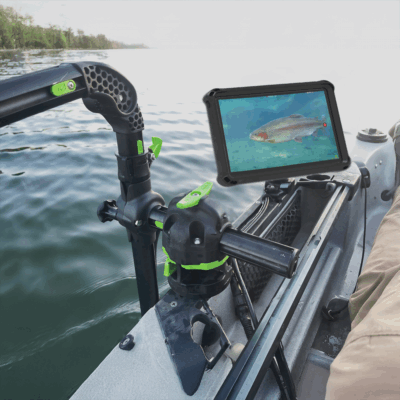 Seavu Seeker Pivot Pole Kit mounted on kayak with tablet showing live underwater footage of trout