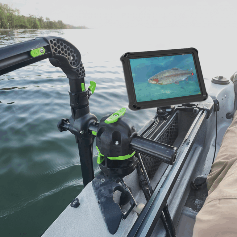Seavu Seeker Pivot Pole Kit mounted on kayak with tablet showing live underwater footage of trout