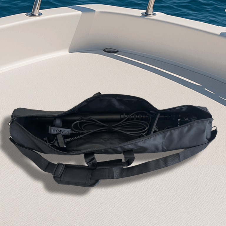 Seavu Seeker Pole Kit bag resting on the deck of a boat with calm ocean in the background
