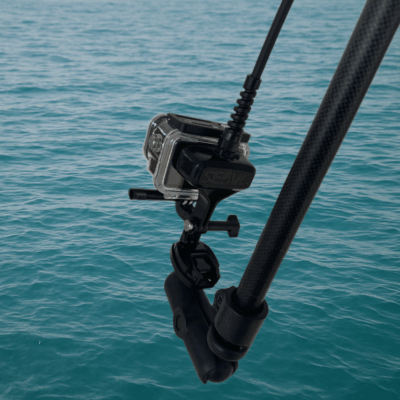 Seavu Seeker Pole Kit with DJI Action 5 Pro in waterproof case, mounted on extension pole with visible receiver and action cable for underwater livestreaming