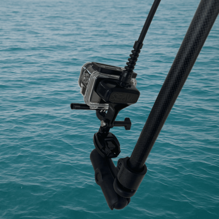 Seavu Seeker Pole Kit with DJI Action 5 Pro in waterproof case, mounted on extension pole with visible receiver and action cable for underwater livestreaming