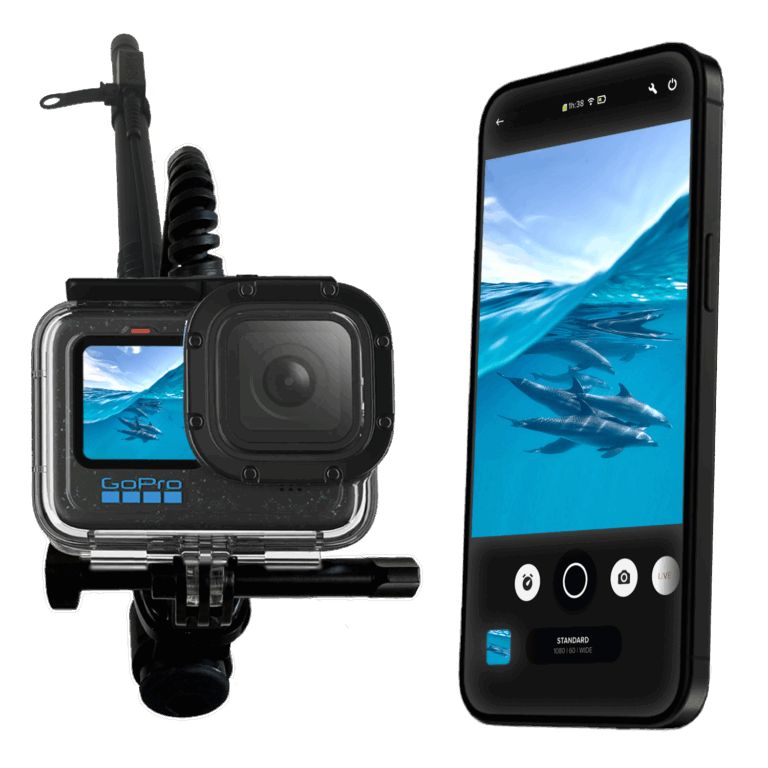 Seavu Seeker Pole Kit with extension pole, action camera, Seeker receiver and transmitter, livestreaming underwater footage to a mobile phone.